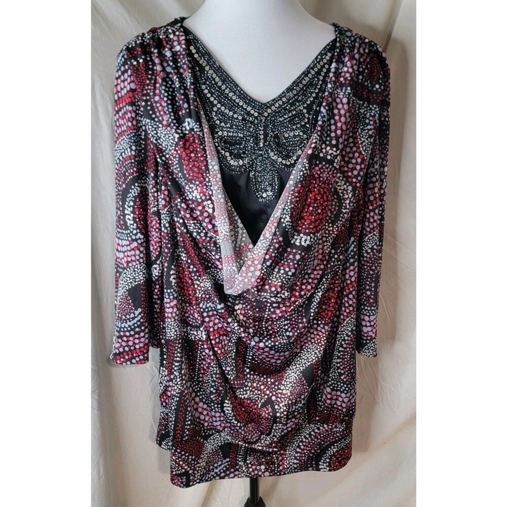 Fashion Bug 2X Sequin Butterfly Tunic Top Black Red Drape Front Plus Size Boho